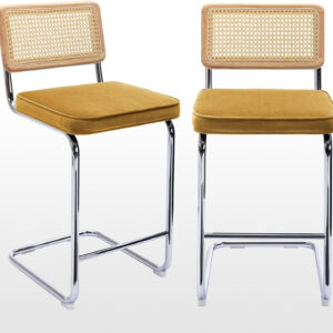 Zesthouse Natural Rattan Bar Stools Set of 2, Modern Counter Height Stools with Solid Wood Back, 26'' Counter Height Chairs, Mid Century Cantilevered Bar Chairs for Kitchen Island, Faux Leather Brown