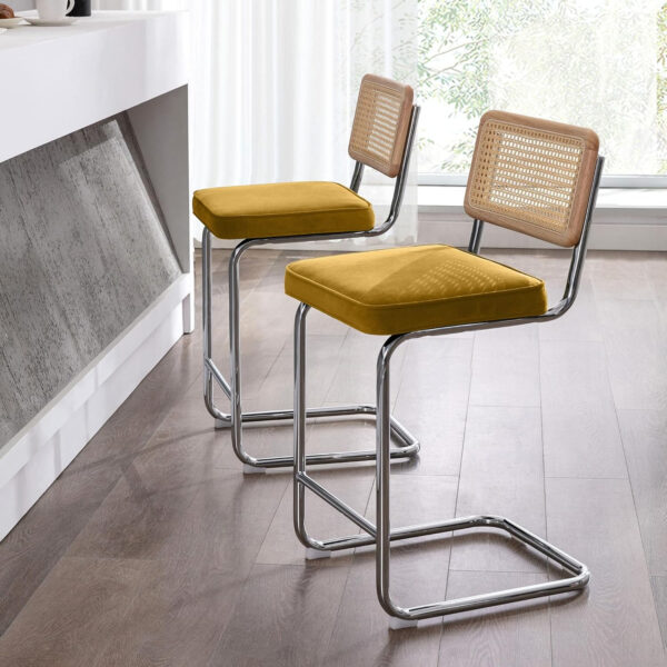 Zesthouse Natural Rattan Bar Stools Set of 2, Modern Counter Height Stools with Solid Wood Back, 26'' Counter Height Chairs, Mid Century Cantilevered Bar Chairs for Kitchen Island, Faux Leather Brown