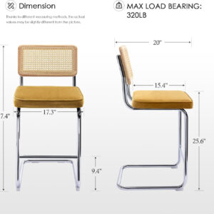 Zesthouse Natural Rattan Bar Stools Set of 2, Modern Counter Height Stools with Solid Wood Back, 26'' Counter Height Chairs, Mid Century Cantilevered Bar Chairs for Kitchen Island, Faux Leather Brown