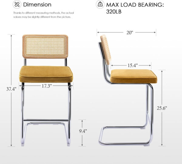 Zesthouse Natural Rattan Bar Stools Set of 2, Modern Counter Height Stools with Solid Wood Back, 26'' Counter Height Chairs, Mid Century Cantilevered Bar Chairs for Kitchen Island, Faux Leather Brown