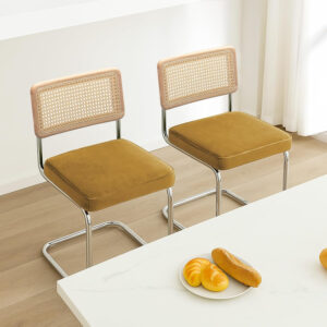 Zesthouse Natural Rattan Bar Stools Set of 2, Modern Counter Height Stools with Solid Wood Back, 26'' Counter Height Chairs, Mid Century Cantilevered Bar Chairs for Kitchen Island, Faux Leather Brown