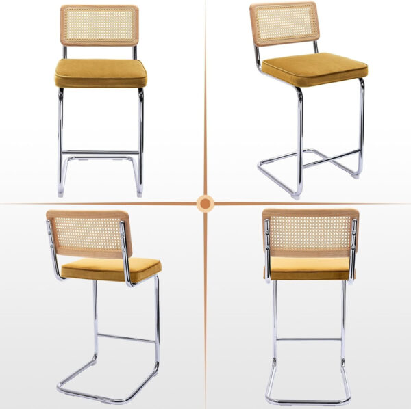 Zesthouse Natural Rattan Bar Stools Set of 2, Modern Counter Height Stools with Solid Wood Back, 26'' Counter Height Chairs, Mid Century Cantilevered Bar Chairs for Kitchen Island, Faux Leather Brown