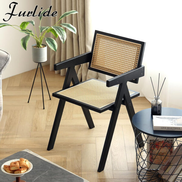 Rattan Dining Chairs Set of 2, Modern Mid Century Accent Chairs, Comfy Armchairs, Outdoor Rattan Chairs with Armrest for Bedroom Living Room Reading Room Dining Kitchen