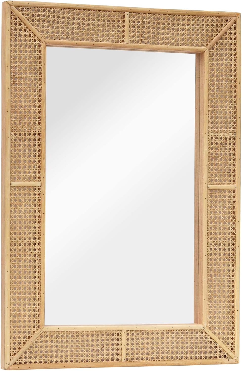 PARISLOFT Wooden and Rattan Mirrors, Boho Rectangle Wall Mirror for Living Room, Bedroom, 37.8''