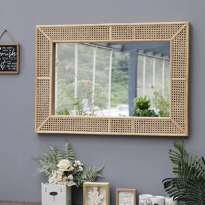 PARISLOFT Wooden and Rattan Mirrors, Boho Rectangle Wall Mirror for Living Room, Bedroom, 37.8''
