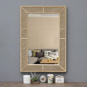 PARISLOFT Wooden and Rattan Mirrors, Boho Rectangle Wall Mirror for Living Room, Bedroom, 37.8''
