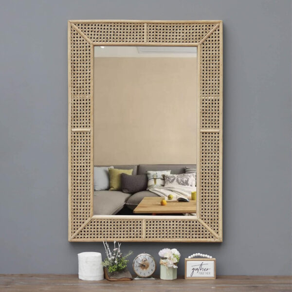 PARISLOFT Wooden and Rattan Mirrors, Boho Rectangle Wall Mirror for Living Room, Bedroom, 37.8''