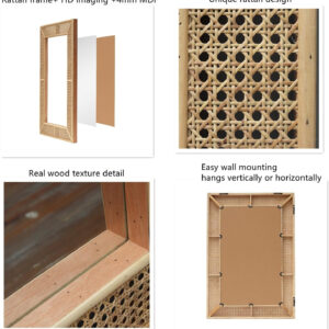 PARISLOFT Wooden and Rattan Mirrors, Boho Rectangle Wall Mirror for Living Room, Bedroom, 37.8''