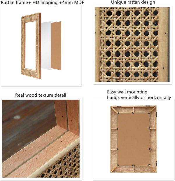 PARISLOFT Wooden and Rattan Mirrors, Boho Rectangle Wall Mirror for Living Room, Bedroom, 37.8''