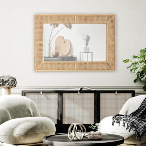 PARISLOFT Wooden and Rattan Mirrors, Boho Rectangle Wall Mirror for Living Room, Bedroom, 37.8''