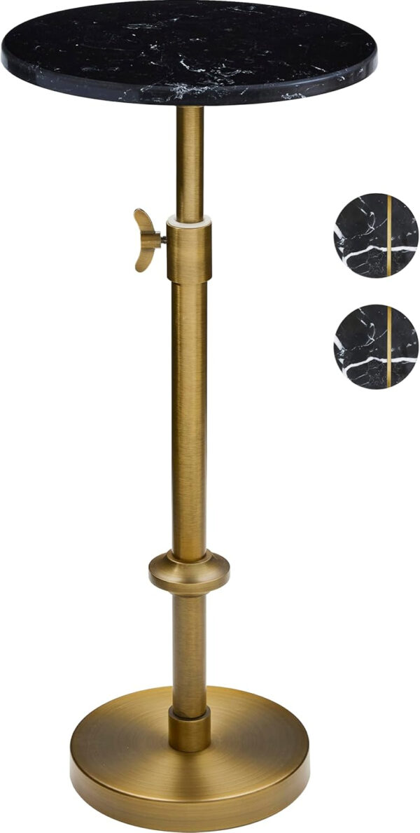 Adjustable-Height Marble Drink Table - 10x10x22-30, White Marble & Antique Brass, Modern Round End Table, Side Table with Pedestal Stand for Small Spaces, Vintage Metal Martini Cocktail Accent