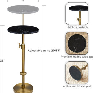 Adjustable-Height Marble Drink Table - 10x10x22-30, White Marble & Antique Brass, Modern Round End Table, Side Table with Pedestal Stand for Small Spaces, Vintage Metal Martini Cocktail Accent
