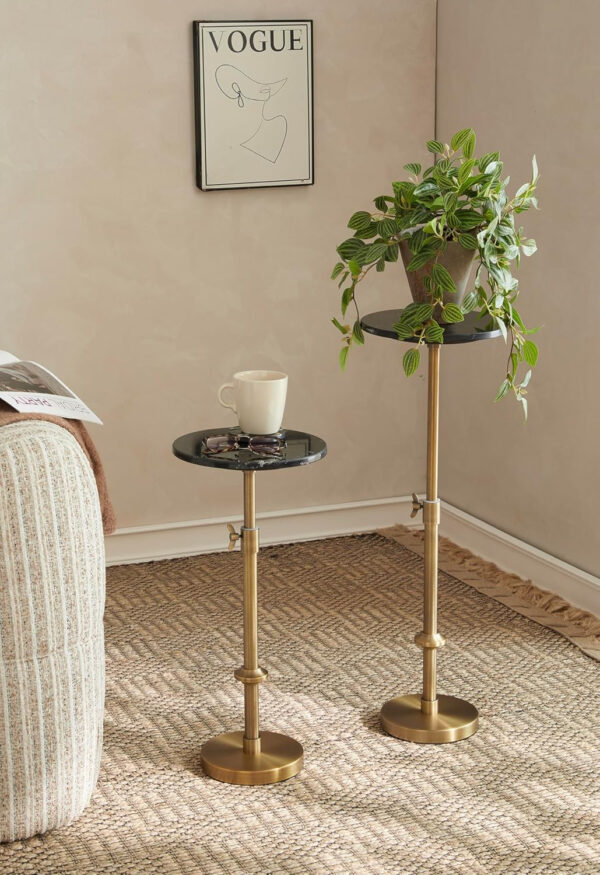 Adjustable-Height Marble Drink Table - 10x10x22-30, White Marble & Antique Brass, Modern Round End Table, Side Table with Pedestal Stand for Small Spaces, Vintage Metal Martini Cocktail Accent
