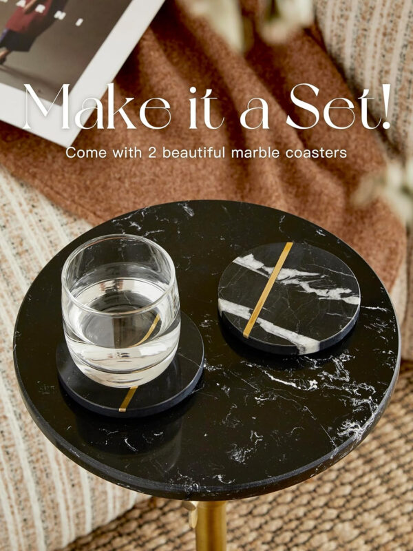 Adjustable-Height Marble Drink Table - 10x10x22-30, White Marble & Antique Brass, Modern Round End Table, Side Table with Pedestal Stand for Small Spaces, Vintage Metal Martini Cocktail Accent