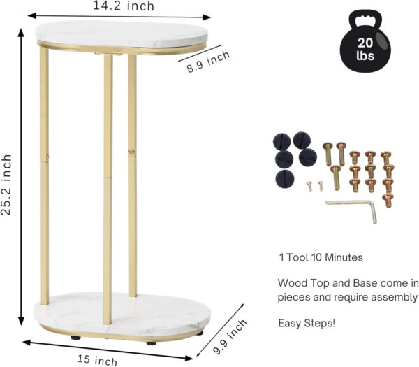 Wooden Marble Side Table, Oval Top with Gold Metal Frame for Ends, Compact Marble C Table for Living Room, Bedroom, Home Office, or Small Spaces