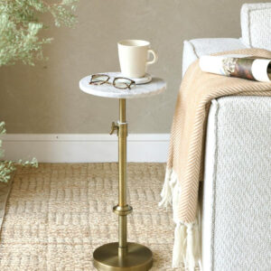 Adjustable-Height Marble Drink Table - 10x10x22-30, White Marble & Antique Brass, Modern Round End Table, Side Table with Pedestal Stand for Small Spaces, Vintage Metal Martini Cocktail Accent