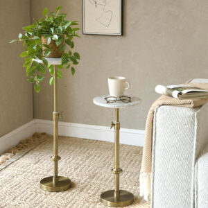 Adjustable-Height Marble Drink Table - 10x10x22-30, White Marble & Antique Brass, Modern Round End Table, Side Table with Pedestal Stand for Small Spaces, Vintage Metal Martini Cocktail Accent