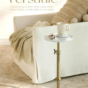 Adjustable-Height Marble Drink Table - 10x10x22-30, White Marble & Antique Brass, Modern Round End Table, Side Table with Pedestal Stand for Small Spaces, Vintage Metal Martini Cocktail Accent