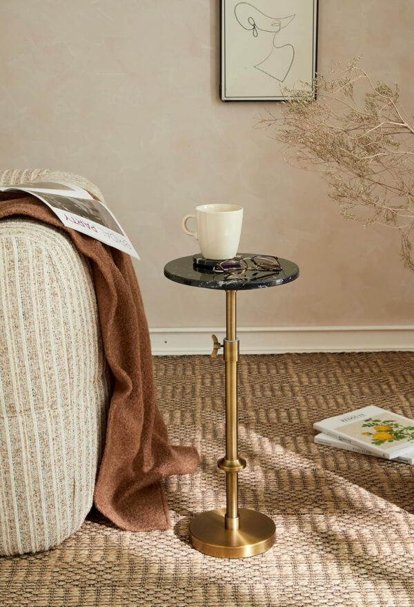 Adjustable-Height Marble Drink Table - 10x10x22-30, White Marble & Antique Brass, Modern Round End Table, Side Table with Pedestal Stand for Small Spaces, Vintage Metal Martini Cocktail Accent