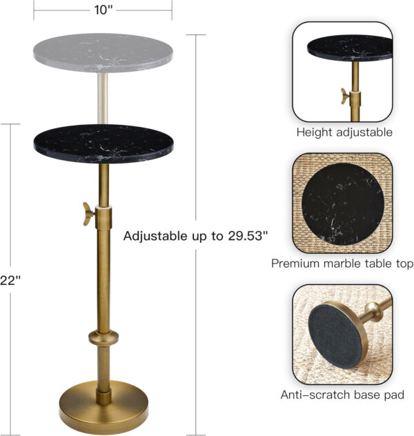 Adjustable-Height Marble Drink Table - 10x10x22-30, White Marble & Antique Brass, Modern Round End Table, Side Table with Pedestal Stand for Small Spaces, Vintage Metal Martini Cocktail Accent
