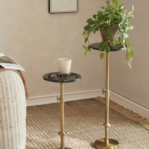 Adjustable-Height Marble Drink Table - 10x10x22-30, White Marble & Antique Brass, Modern Round End Table, Side Table with Pedestal Stand for Small Spaces, Vintage Metal Martini Cocktail Accent