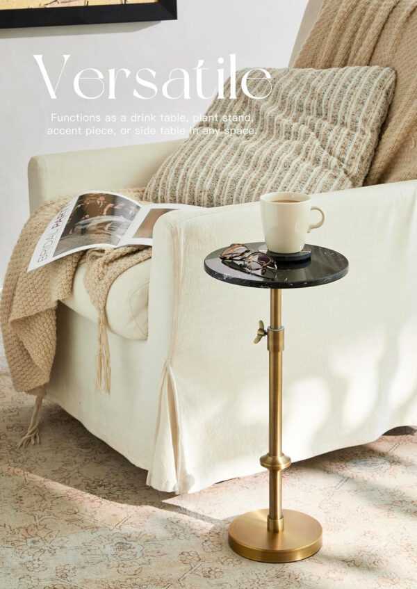 Adjustable-Height Marble Drink Table - 10x10x22-30, White Marble & Antique Brass, Modern Round End Table, Side Table with Pedestal Stand for Small Spaces, Vintage Metal Martini Cocktail Accent