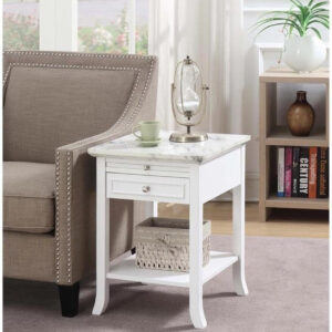 Convenience Concepts American Heritage Logan End Table with Drawer and Slide, White Faux Marble Top/Black