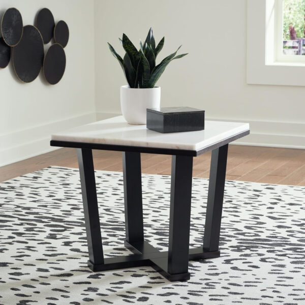 688872e9a3c7b4de0c99a7b73647c5fd5e0fa551a6291c3c13976.jpg Signature Design by Ashley Fostead Contemporary Square 24" End Table with Marble Top, White Marble & Dark Brown