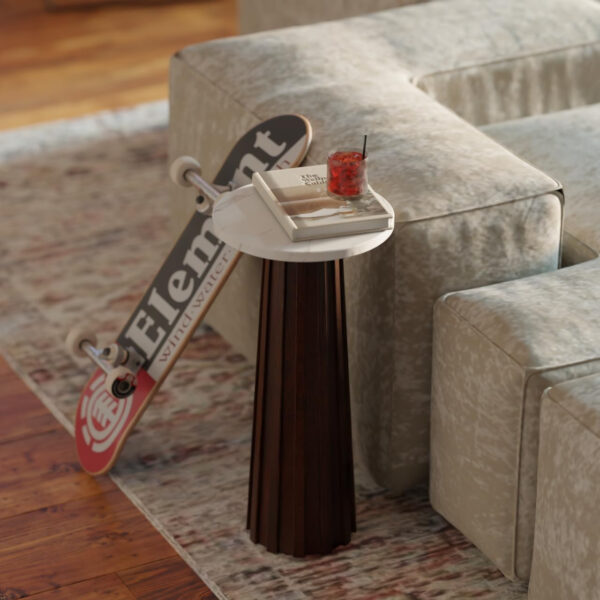 Ma'gro Drink Table – Solid Mango Wood Fluted Base with Real White Marble Top | Farmhouse Accent Side Table for Boho Decor, Bedside, Entryway, Plant Stand, Night Stand & Small Living Spaces