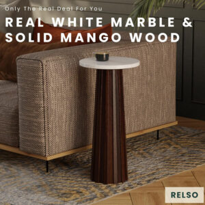 Ma'gro Drink Table – Solid Mango Wood Fluted Base with Real White Marble Top | Farmhouse Accent Side Table for Boho Decor, Bedside, Entryway, Plant Stand, Night Stand & Small Living Spaces