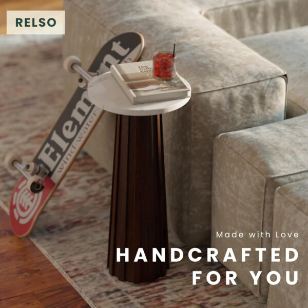 Ma'gro Drink Table – Solid Mango Wood Fluted Base with Real White Marble Top | Farmhouse Accent Side Table for Boho Decor, Bedside, Entryway, Plant Stand, Night Stand & Small Living Spaces