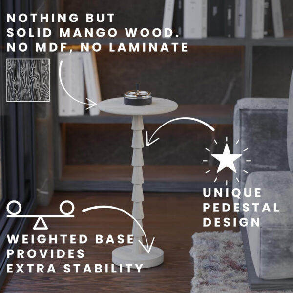 Ma'gro Drink Table – Solid Mango Wood Fluted Base with Real White Marble Top | Farmhouse Accent Side Table for Boho Decor, Bedside, Entryway, Plant Stand, Night Stand & Small Living Spaces