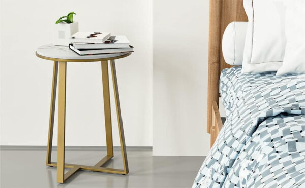 Round End Tables, Small Side Table White Marble Texture MDF Top,Metal Frame Gold Color, Tall End Table for Bed Room,Coffee Tea End Table for Living Room (White Marble+Gold)