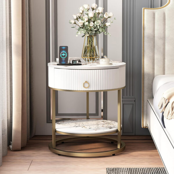 OIOG Round Side Table with Drawer, 2 Tier Night Stand with Shelf, Modern Side Table with Gold Legs for Living Room, Bedroom, Dorm, Marbling Natural Stone/Gold