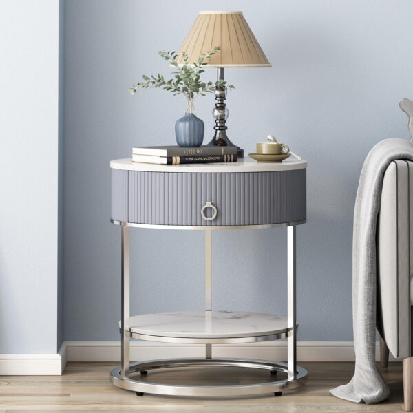 OIOG Round Side Table with Drawer, 2 Tier Night Stand with Shelf, Modern Side Table with Gold Legs for Living Room, Bedroom, Dorm, Marbling Natural Stone/Gold