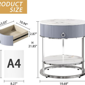 OIOG Round Side Table with Drawer, 2 Tier Night Stand with Shelf, Modern Side Table with Gold Legs for Living Room, Bedroom, Dorm, Marbling Natural Stone/Gold