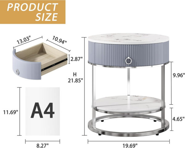 OIOG Round Side Table with Drawer, 2 Tier Night Stand with Shelf, Modern Side Table with Gold Legs for Living Room, Bedroom, Dorm, Marbling Natural Stone/Gold
