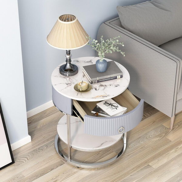 OIOG Round Side Table with Drawer, 2 Tier Night Stand with Shelf, Modern Side Table with Gold Legs for Living Room, Bedroom, Dorm, Marbling Natural Stone/Gold