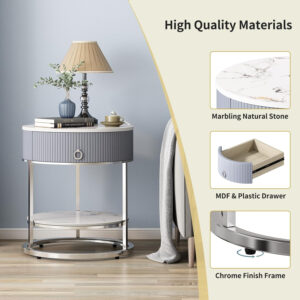 OIOG Round Side Table with Drawer, 2 Tier Night Stand with Shelf, Modern Side Table with Gold Legs for Living Room, Bedroom, Dorm, Marbling Natural Stone/Gold