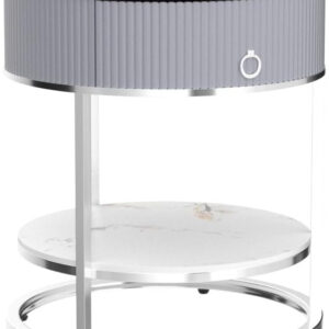 OIOG Round Side Table with Drawer, 2 Tier Night Stand with Shelf, Modern Side Table with Gold Legs for Living Room, Bedroom, Dorm, Marbling Natural Stone/Gold