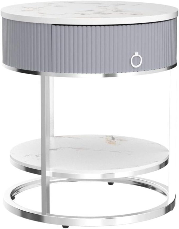 OIOG Round Side Table with Drawer, 2 Tier Night Stand with Shelf, Modern Side Table with Gold Legs for Living Room, Bedroom, Dorm, Marbling Natural Stone/Gold