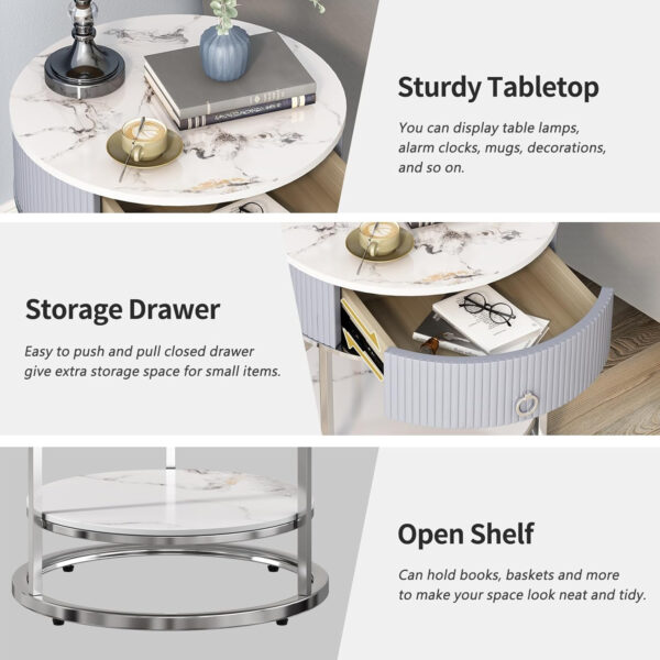 OIOG Round Side Table with Drawer, 2 Tier Night Stand with Shelf, Modern Side Table with Gold Legs for Living Room, Bedroom, Dorm, Marbling Natural Stone/Gold