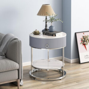 OIOG Round Side Table with Drawer, 2 Tier Night Stand with Shelf, Modern Side Table with Gold Legs for Living Room, Bedroom, Dorm, Marbling Natural Stone/Gold