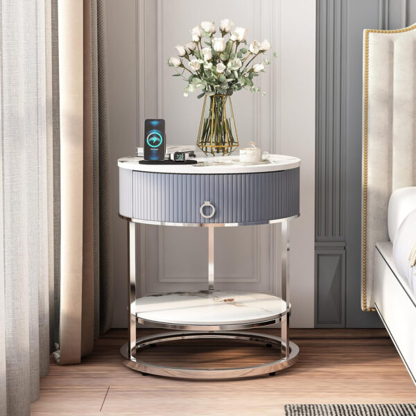 OIOG Round Side Table with Drawer, 2 Tier Night Stand with Shelf, Modern Side Table with Gold Legs for Living Room, Bedroom, Dorm, Marbling Natural Stone/Gold