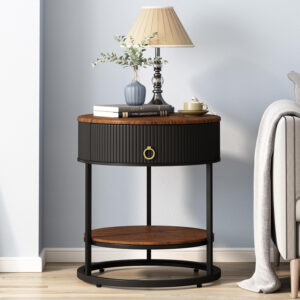 OIOG Round Side Table with Drawer, 2 Tier Night Stand with Shelf, Modern Side Table with Gold Legs for Living Room, Bedroom, Dorm, Marbling Natural Stone/Gold
