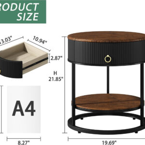 OIOG Round Side Table with Drawer, 2 Tier Night Stand with Shelf, Modern Side Table with Gold Legs for Living Room, Bedroom, Dorm, Marbling Natural Stone/Gold
