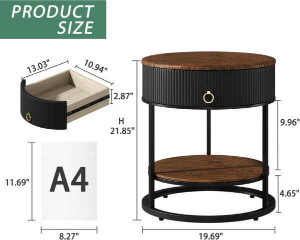 OIOG Round Side Table with Drawer, 2 Tier Night Stand with Shelf, Modern Side Table with Gold Legs for Living Room, Bedroom, Dorm, Marbling Natural Stone/Gold