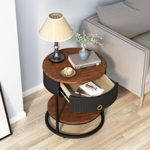 OIOG Round Side Table with Drawer, 2 Tier Night Stand with Shelf, Modern Side Table with Gold Legs for Living Room, Bedroom, Dorm, Marbling Natural Stone/Gold