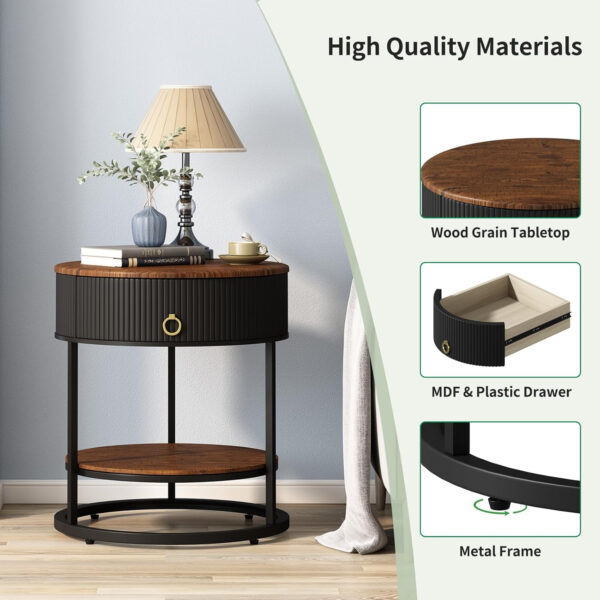 OIOG Round Side Table with Drawer, 2 Tier Night Stand with Shelf, Modern Side Table with Gold Legs for Living Room, Bedroom, Dorm, Marbling Natural Stone/Gold
