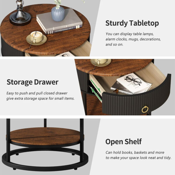 OIOG Round Side Table with Drawer, 2 Tier Night Stand with Shelf, Modern Side Table with Gold Legs for Living Room, Bedroom, Dorm, Marbling Natural Stone/Gold